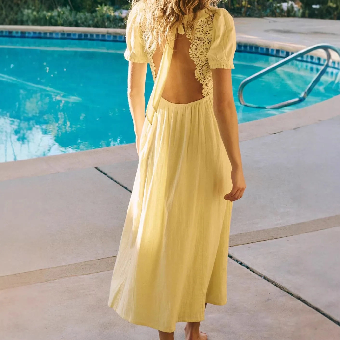 100%cotton Sexy Deep V Neck Backless Hollow Out Lace Maxi Dress Women's Robe Vacation Dresses Summer Boho Beach Ladies Vestidos