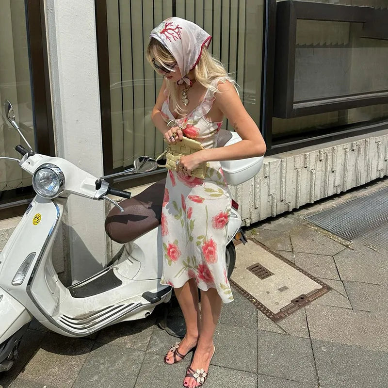 Chiffon Floral Print Long Dresses Women Elegant Slim Sweet Summer Dress Sexy Ruffles V-neck Strappy Vestidos Ladies Party Robe