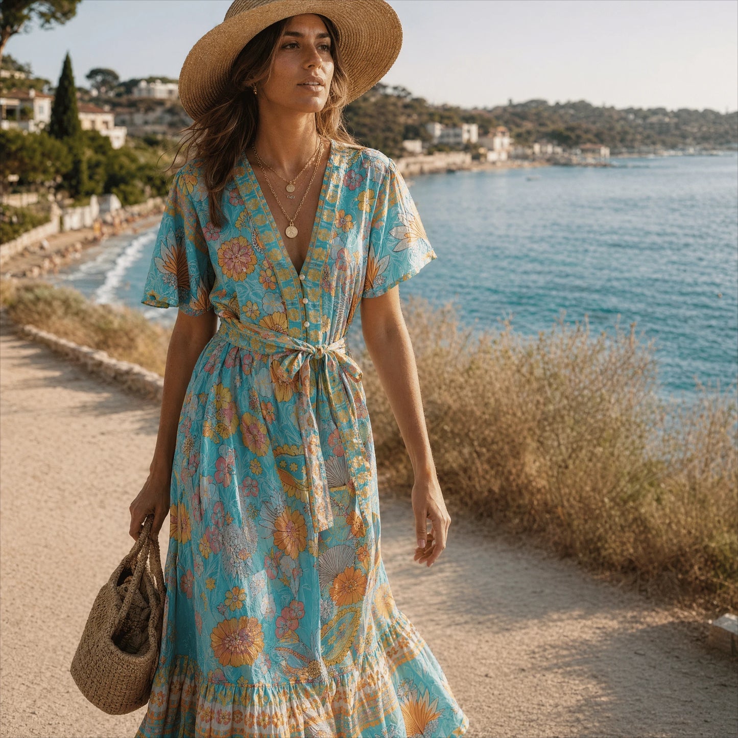 Cotton Rayon Butterfly Sleeves Maxi Dresses for Women Summer Vintage Printed Long Dress Boho Beach Wear Gypsy Robe Vestidos