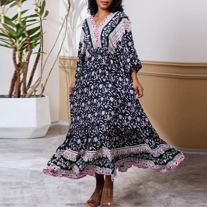 Deep V Neck Cotton Rayon Floral Printed Long Dress Summer Boho Beach Cover up Casual Loose Elastic Waist Maxi Dresses Women Robe
