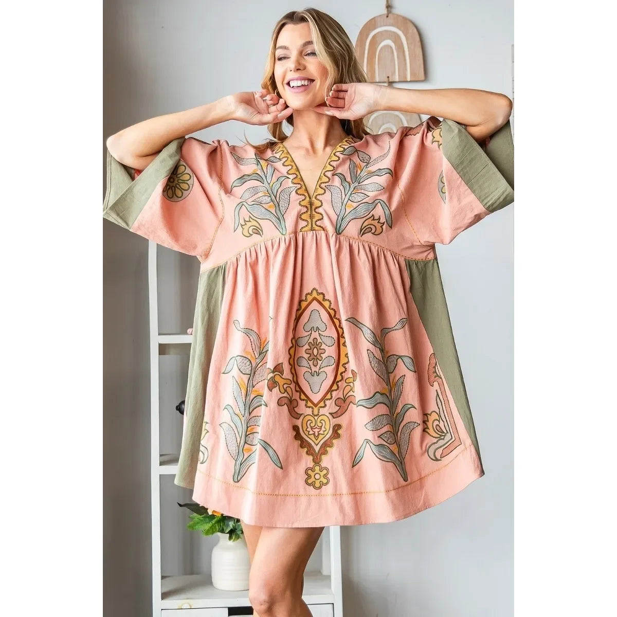 Boho Cotton Linen Floral Embroidery Mini Dresses For Women Vestidos Flare Sleeve Casual Oversize Losse Ladies Dress Summer Robe