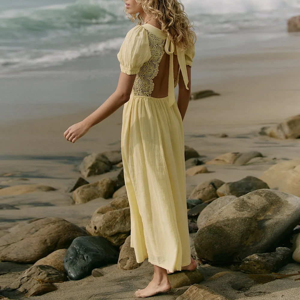 100%cotton Sexy Deep V Neck Backless Hollow Out Lace Maxi Dress Women's Robe Vacation Dresses Summer Boho Beach Ladies Vestidos