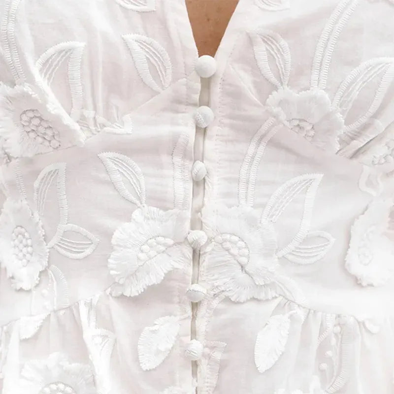 Vintage Women Dresses 3D Flower Embroidery Boho Beach Holiday Long Dress Puff Sleeve Robe Casual Elegant Summer Spring Vestidos