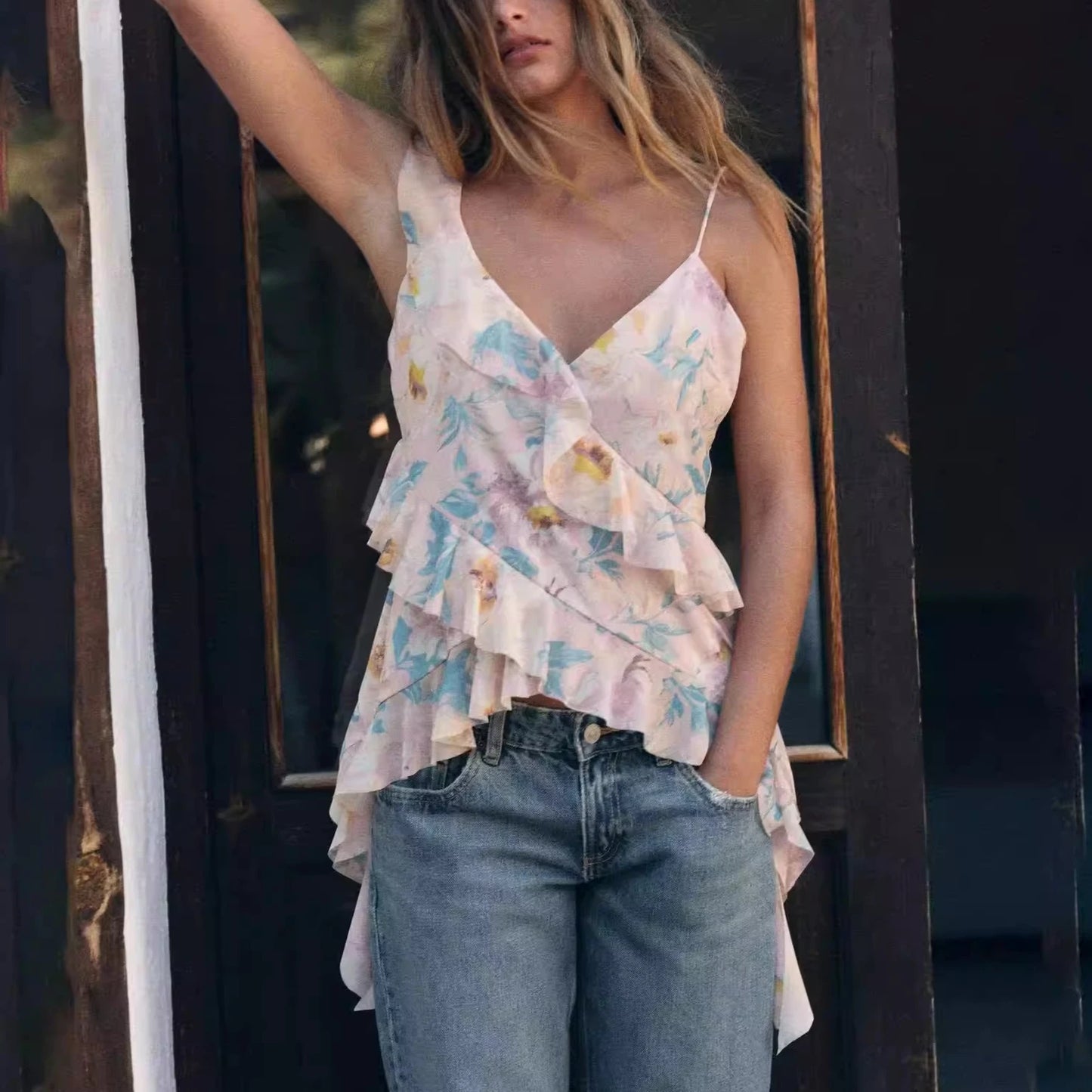 Boho Mesh Floral Printed Tank Top Women Camis Ruffles Sleeveless Sexy Deep V Neck Knitted Camis Strap Blouse Summer Mesh Tops