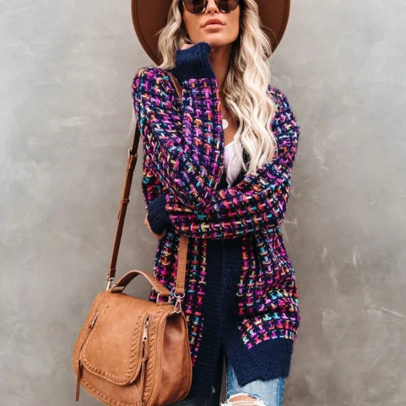 AYUALIN Women's Sweater Knitted Cardigan Winter Vintage Plaid Jacquard Knit Long Cardigans Knit Warm Sweaters Women Coats