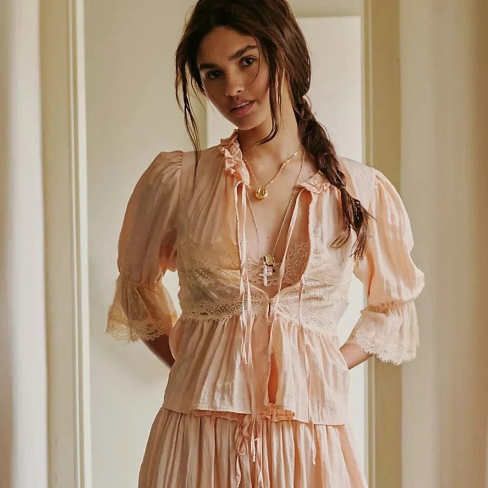 Lace Blouses Shirts for Women Tops Summer Vintage V-Neck Puff Sleeve Loose Fit with Buttons Causal Blouse Cotton Bed Jacket Top