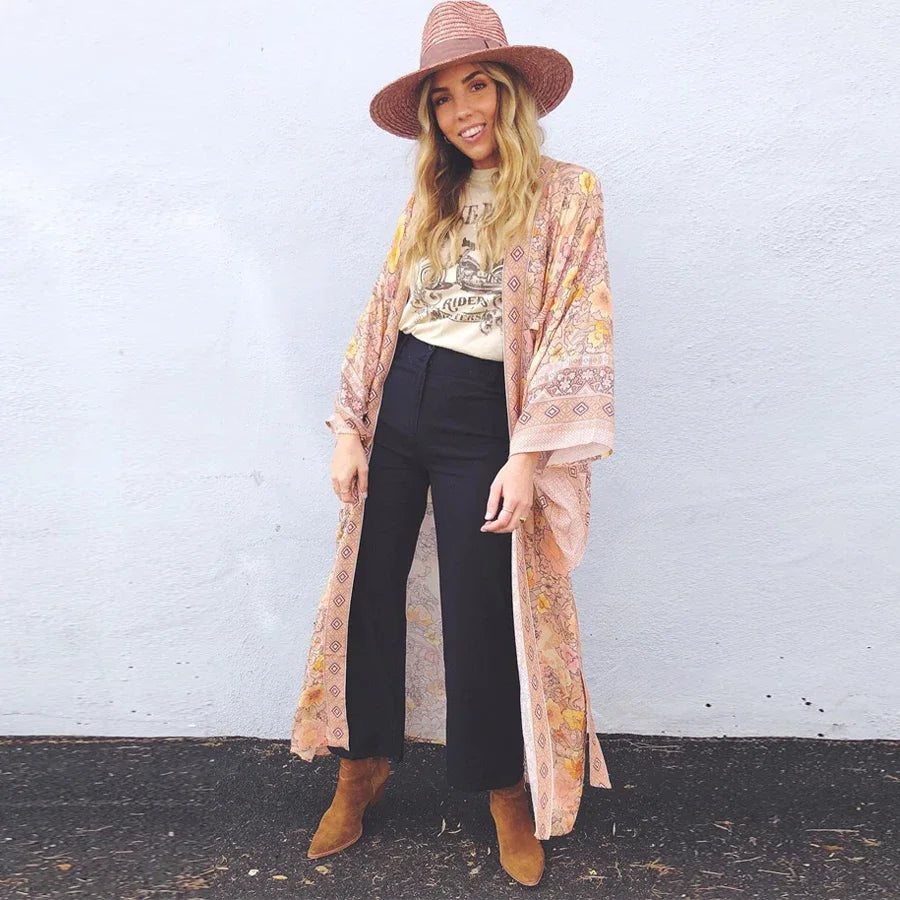 AYUALIN Kimono Cardigan Gypsy Robe for Women Floral Print Flare Sleeve Boho Blouse Shirt Beach Wear Long Summer Blouses Blusas