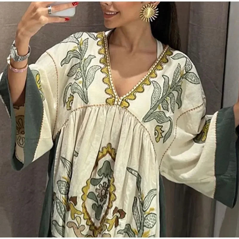 Boho Cotton Linen Floral Embroidery Mini Dresses For Women Vestidos Flare Sleeve Casual Oversize Losse Ladies Dress Summer Robe