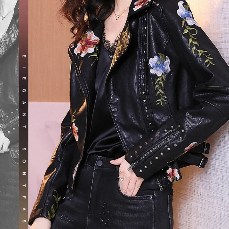 AYUALIN Long Sleeve Boho Leather Jacket Women Coat Floral Embroidery Vintage Rivet Zipper Spring Autumn Black Biker Moto Jackets