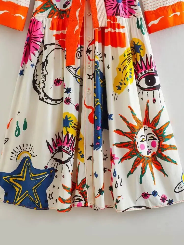 Long Shirt Dresses with Sashes for Women Front Butttons Up Cotton Rayon Pop Printed Boho Beach Holiday Dress Long Sleeve Tunic
