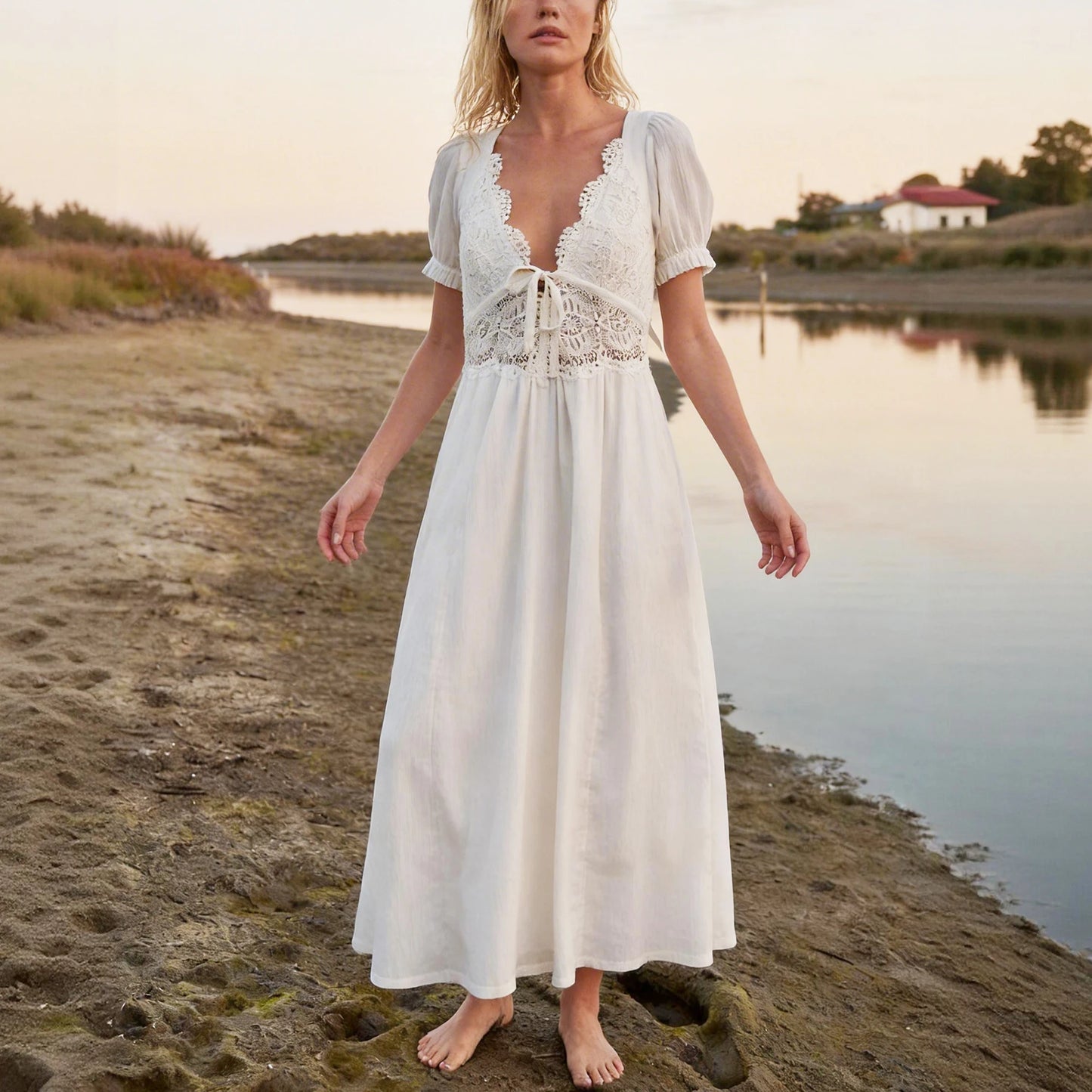 100%cotton Sexy Deep V Neck Backless Hollow Out Lace Maxi Dress Women's Robe Vacation Dresses Summer Boho Beach Ladies Vestidos