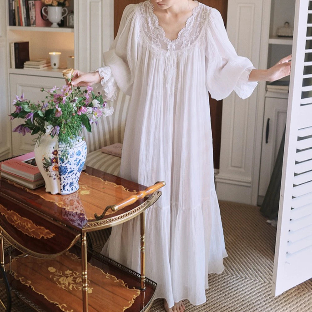 Elegant Cotton V Neck Lace Dresses Women Nightgowns White Casual A-line Loose Spring Summer Long Dress Bohemian Robe Vestidos