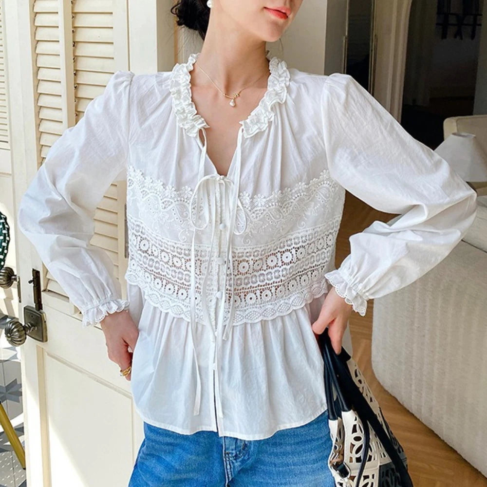 Boho Autumn Floral Lace Women's Shirt Puff Long Sleeve A-line Loose Blouses Shirts White 100% Cotton Lace-up Blouse Ladies Tops