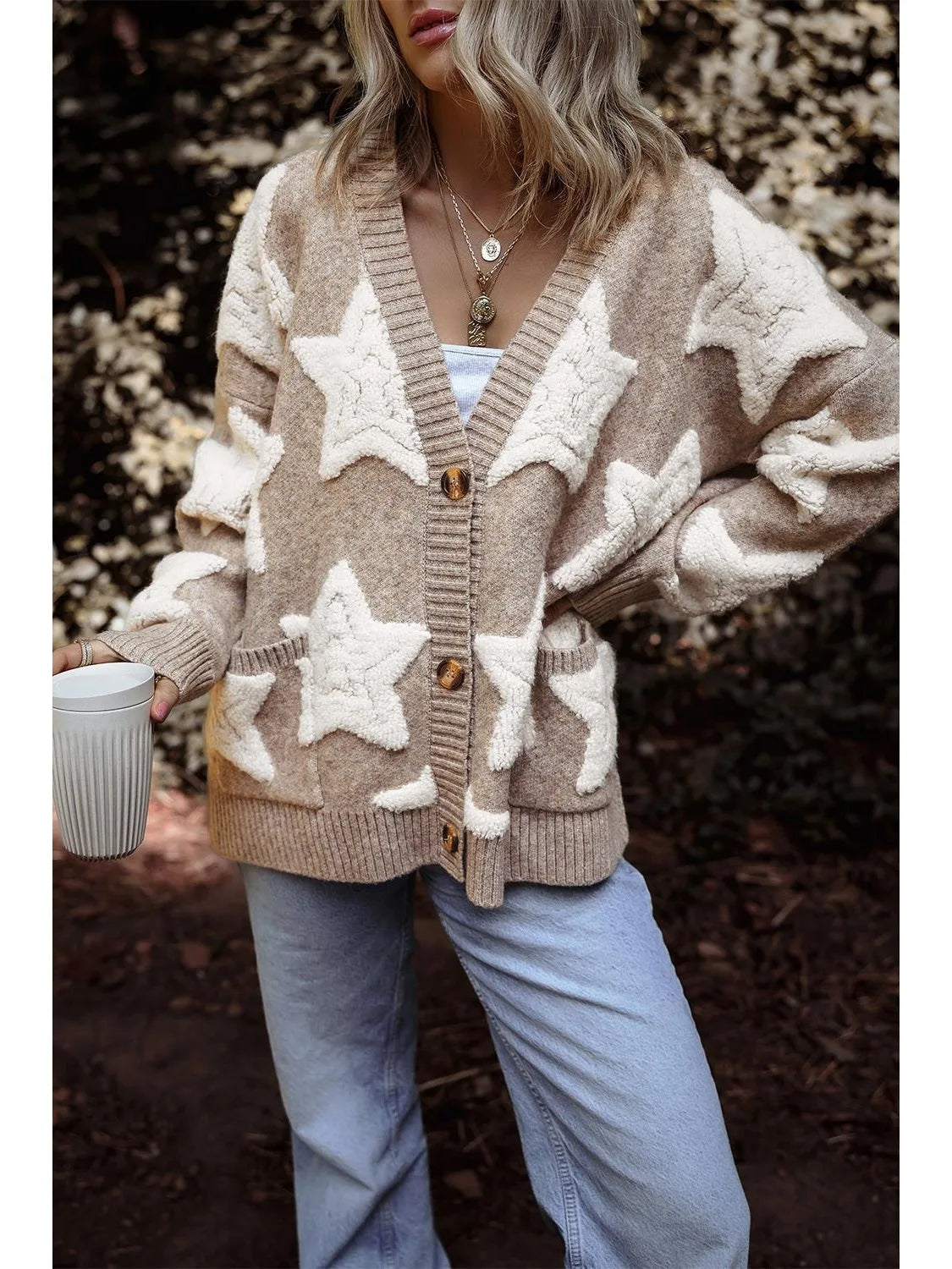 Casual Knitted Thick Autumn Winter Warm Sweaters Coat for Women Jacket Star Pattern Long Sleeve Loose Ovesize Sweater Cardigan