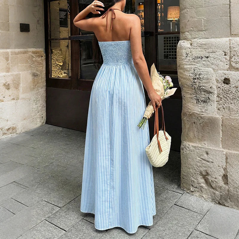 Backless Sleeveless Deep V-Neck Maxi Dress for Women Robe Cotton Linen Striped Long Summer Dresses Boho Beach Party Vestidos