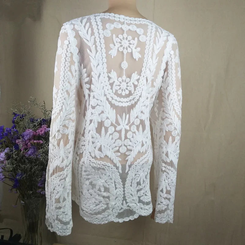 Boho Beach Lace Blouse Swim Cover-up Summer Sexy Floral Embroidery  Robe Long Sleeve For Women Blouses Shirts Lace Blouses Tops