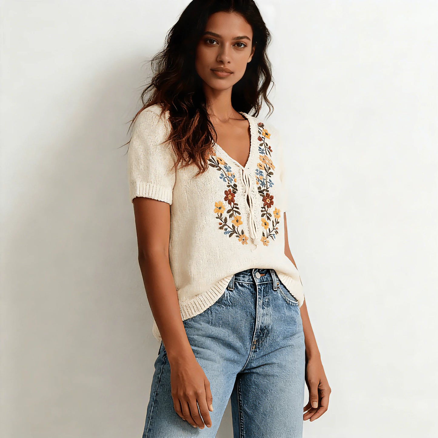 Bohemian Flower Embroidery Knitted Sweater Vintage Loose Sweaters for Women V Neck Spring Autumn Jumpers Boho Beach Pullovers