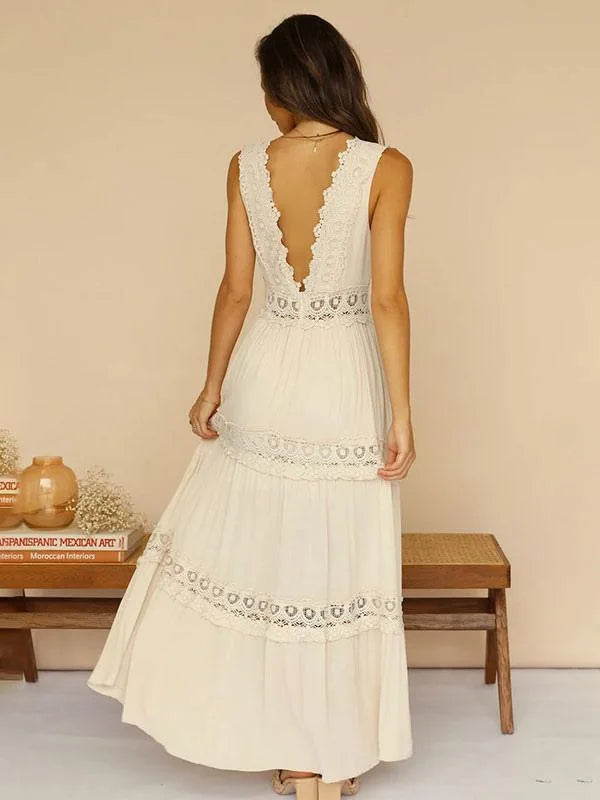 Floor Length Maxi Dresses for Women Robe Boho Beach Wear Deep V-neck Backless Cotton Rayon Lace Dress Summer Party Vestidos