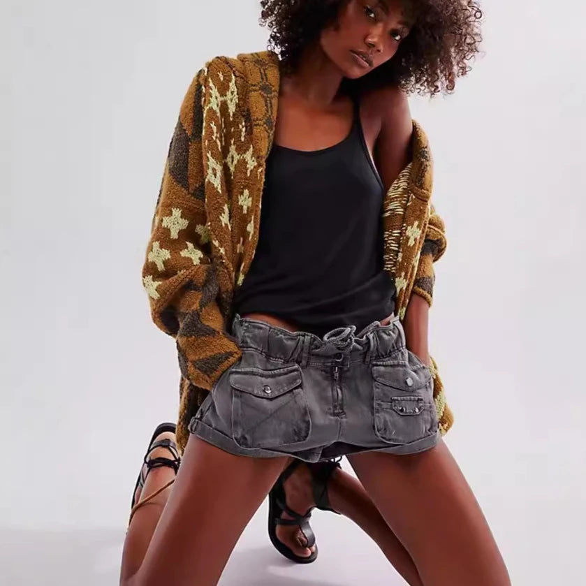 Chic Ethnic Pattern Embroidery Women Sweaters Cardigan Casual Loose Oversize Loose Vintage Knitted Autumn Winter Warm Coats