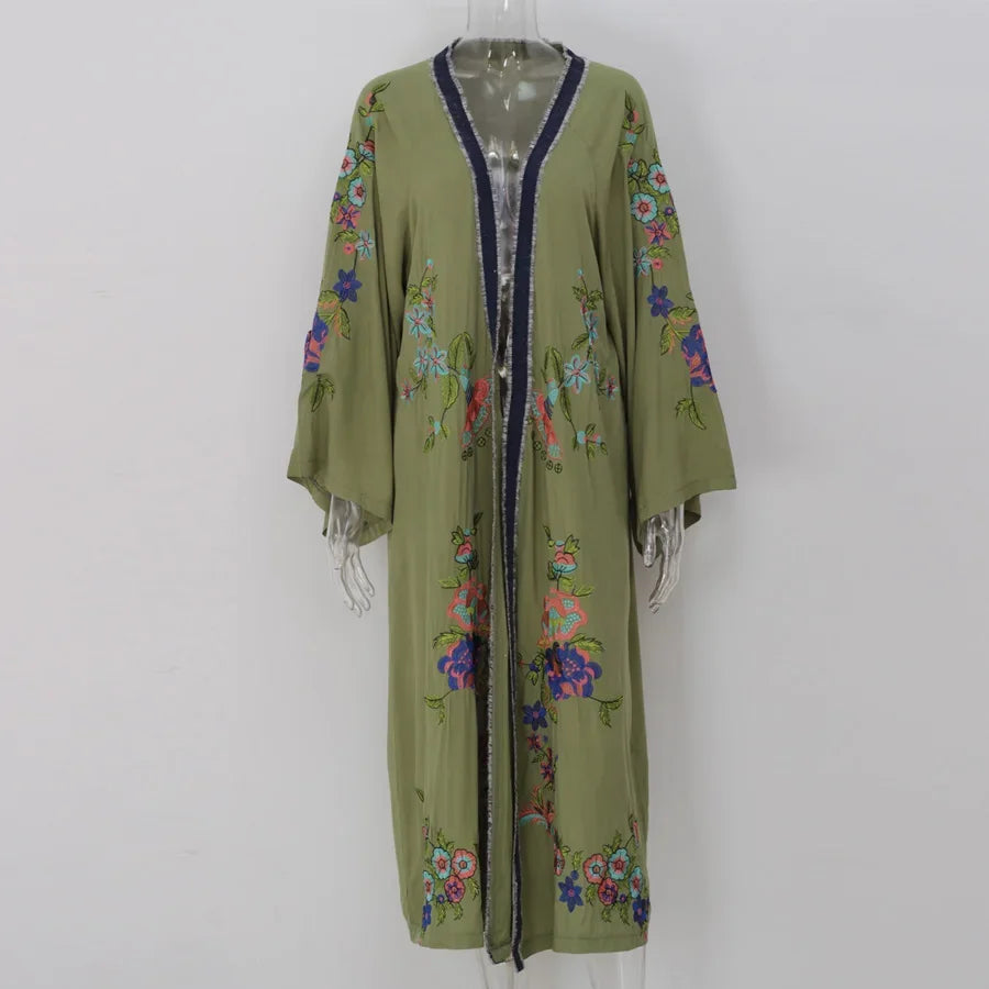 Long Cardigan for Women Kaftan Robe Light Green Cotton Rayon Floral Embroidery Beach Wear Blouse Long Sleeve Loose Boho Vestidos
