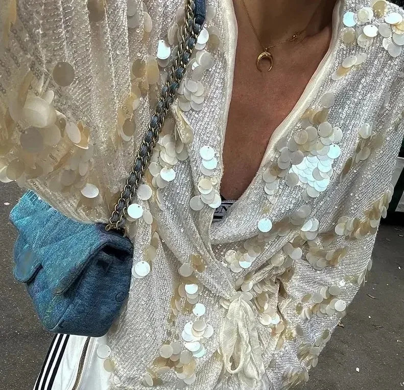 Boho Chiffon Sequin Splicing Jackets Women's Blouses Shirts Oversize Loose Long Sleeve Holiday Jacket Lace-up Beach Wear Outfit