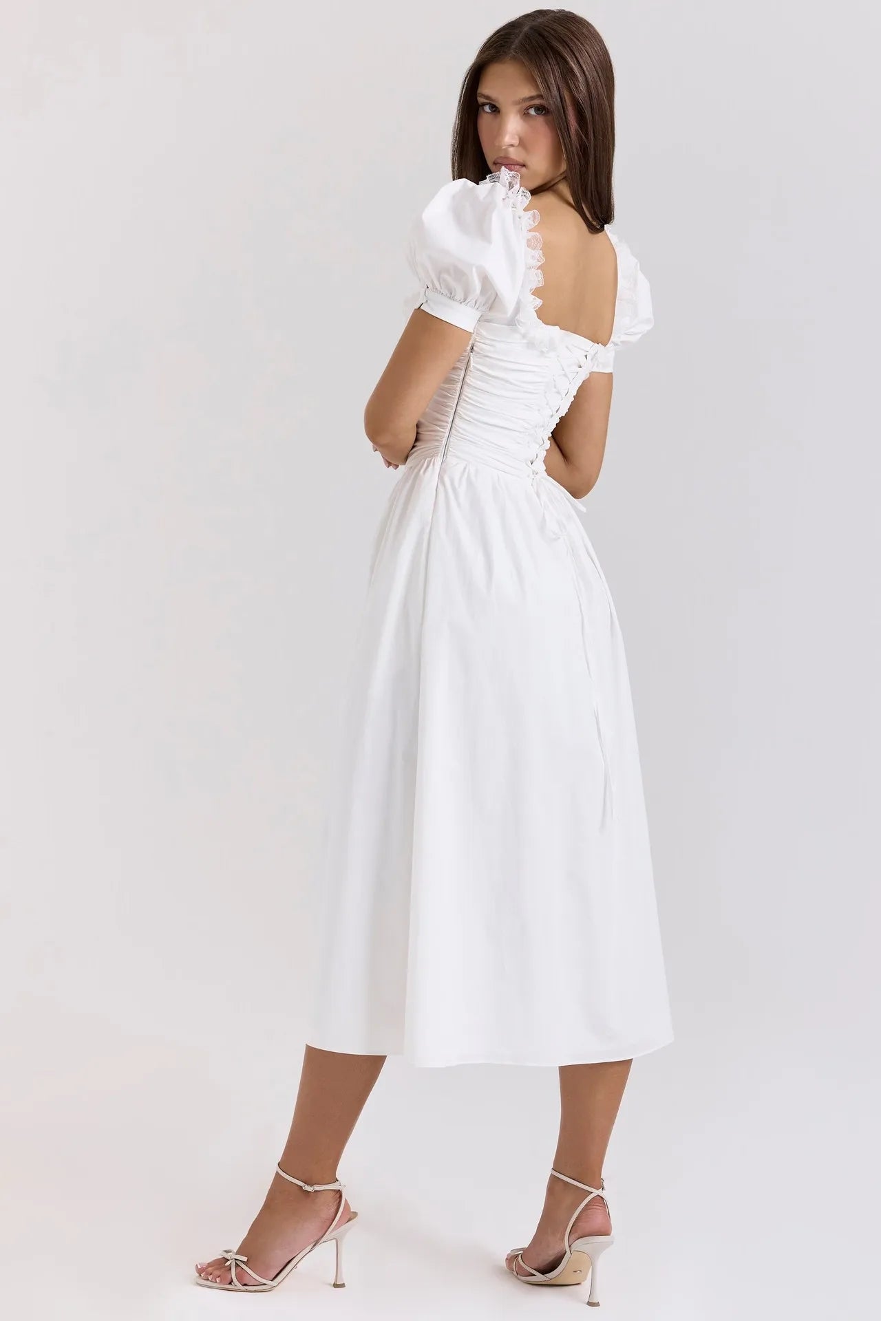 Lovely Mini Dresses for Women Summer Vintage Sexy V Neck Short Puff Sleeve Lace-up Back Waist Print Dress Party Female Vestidos