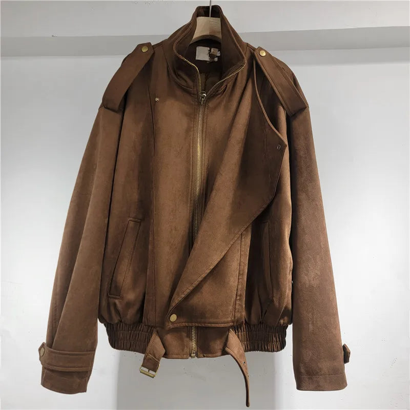 Oversize Brown Premium Suede Jacket for Women Coats Spring Autumn Long Sleeve Leather Fashion Short Jackets Casual Top Outwear