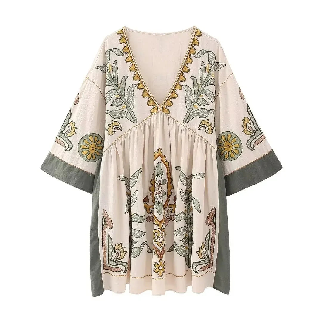 Boho Cotton Linen Floral Embroidery Mini Dresses For Women Vestidos Flare Sleeve Casual Oversize Losse Ladies Dress Summer Robe