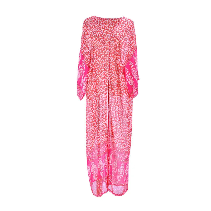 AYUALIN pink Chiffon Floral Print Cover up beach wear Blouse women Vintage Kimono CardiganTops Blusas femme boho swim coverups