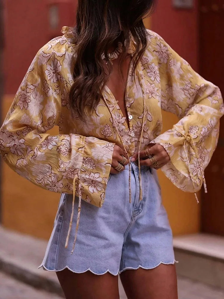 Chic Yellow Floral Printed Blouses Shirts for Women Tops Casual Lace-up Flare Long Sleeves Blouse Summer Boho Beach Loose Blusas