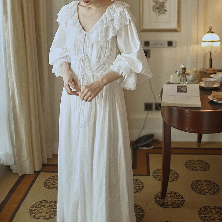 Gypsy Boho Lace Puff Long Sleeve Dresses Women Vintage 100%cotton Loose Sleepwear Dress Good Night Spring Summer Vestidos Robe