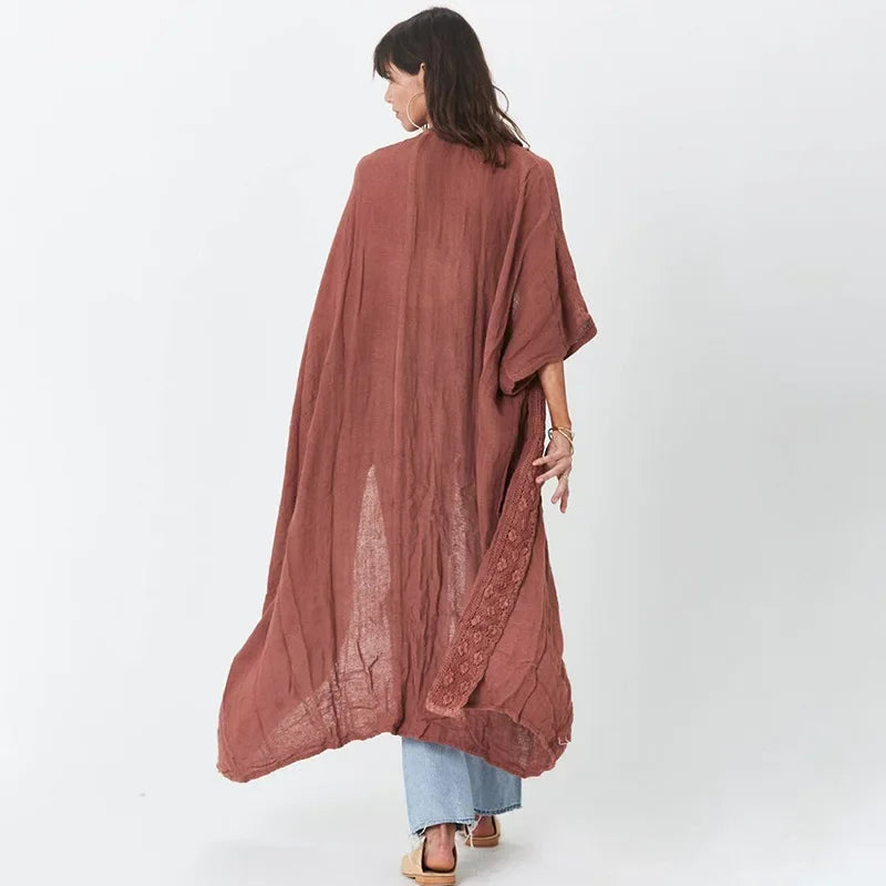 Cotton Rayon Boho Beach Wear Bikini Swim Cover Up Women Kimono Robe Summer Vintage dress Boho Splice lace Loose Long Blouse