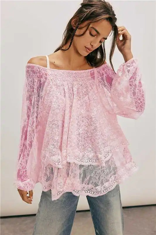 Oversize Loose Bow Lace-up Back Floral Lace Blosues Shirts for Women Tops Ruffles Lantern Long Sleeve O Neck Boho Beach Blouse