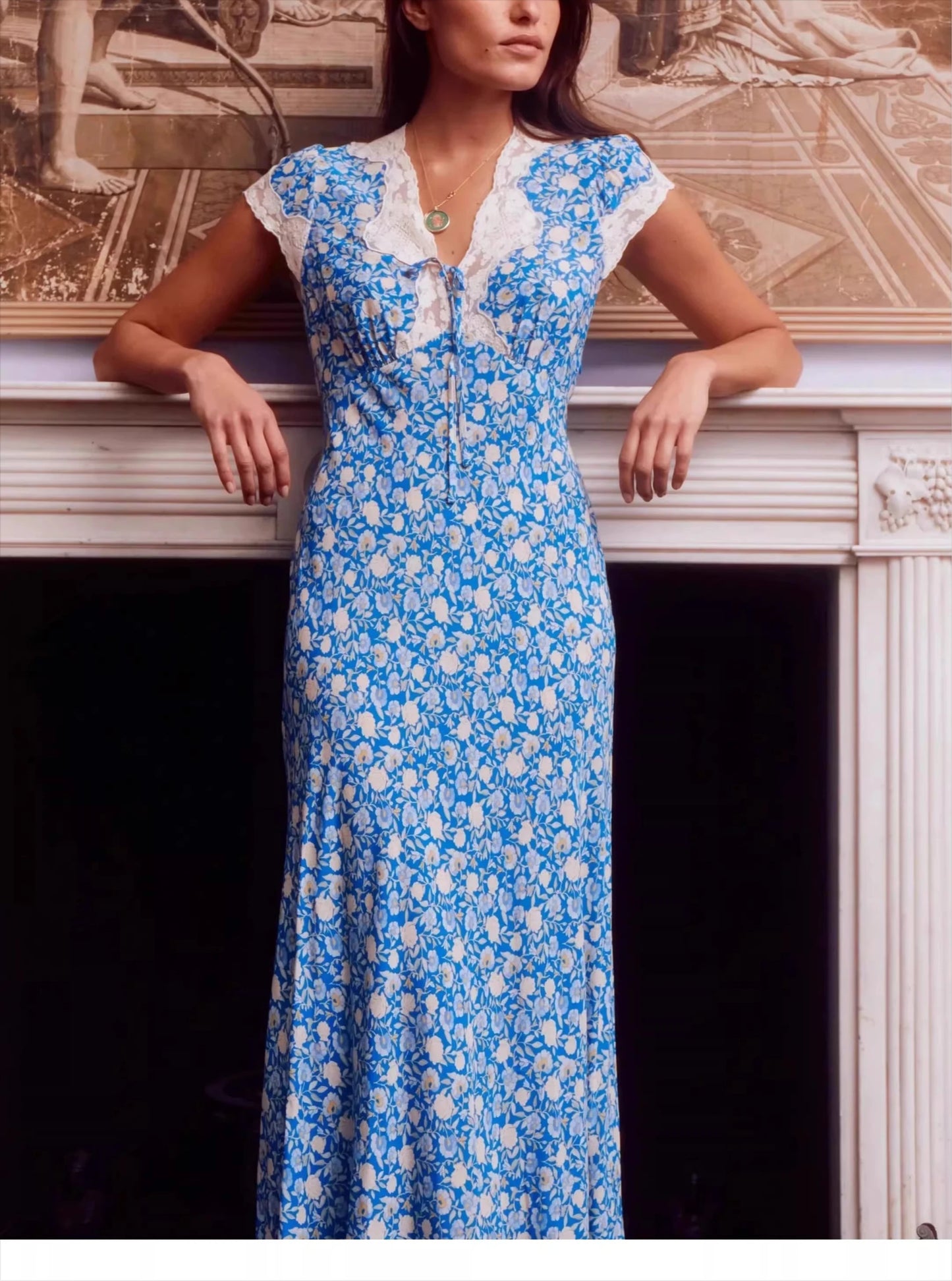 Cotton Rayon Printed Elegant Lace Long Dresses for Women Robe Vintage Sexy Slim V Neck French Style Summer Dress Ladies Vestidos