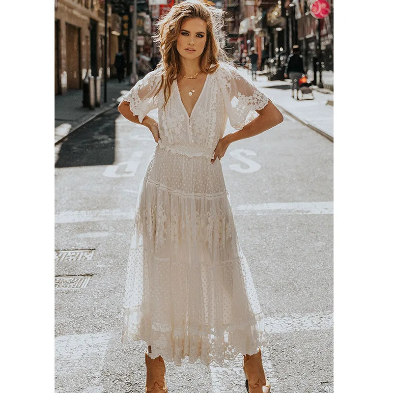 Bohemia Lace Maxi Dresses Women Party Vintage V Neck Elastic Waist Summer Dress Soft Chiffon Ruffles Boho Beach Ladies Vestidos