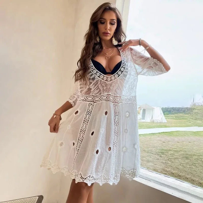 AYUALIN White Lace Cardigan See Through Long Blouse Women Bikini Cover Up Vintage Sexy Boho Beach Summer Vestido Smock Robe