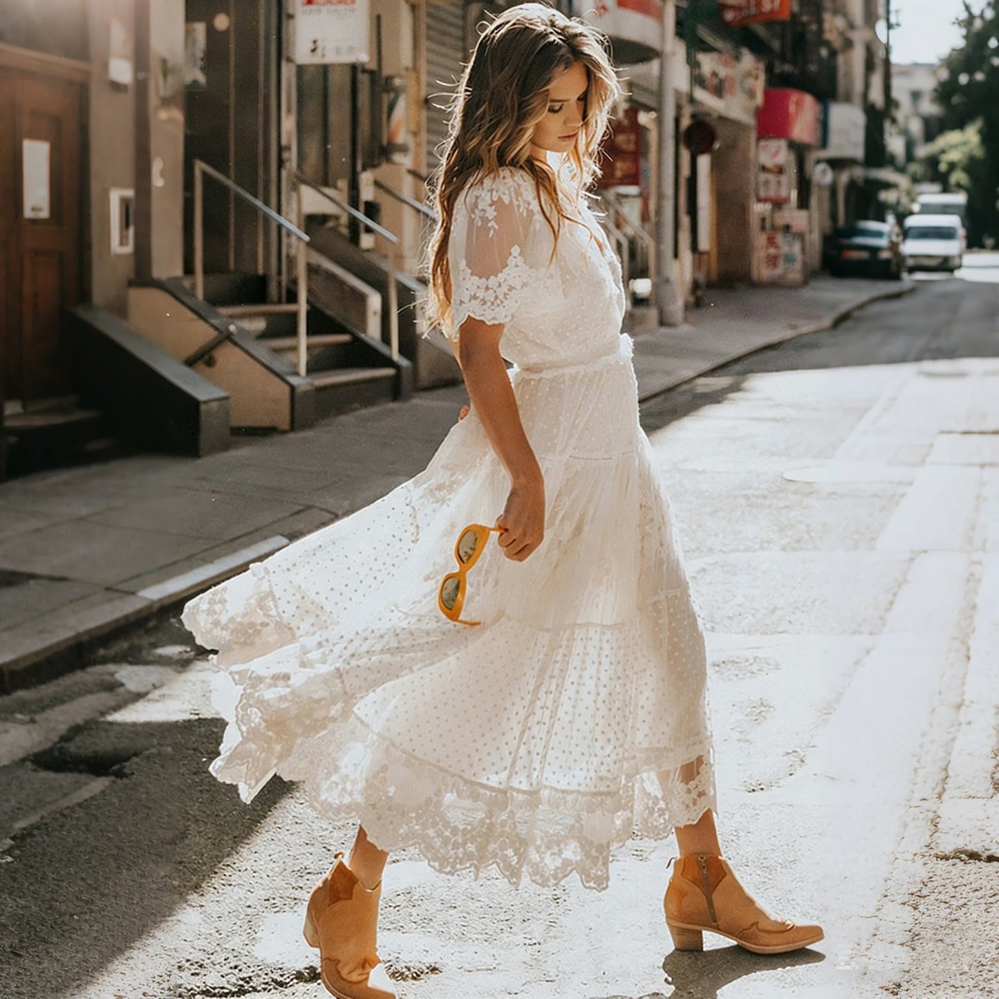 Bohemia Lace Maxi Dresses Women Party Vintage V Neck Elastic Waist Summer Dress Soft Chiffon Ruffles Boho Beach Ladies Vestidos