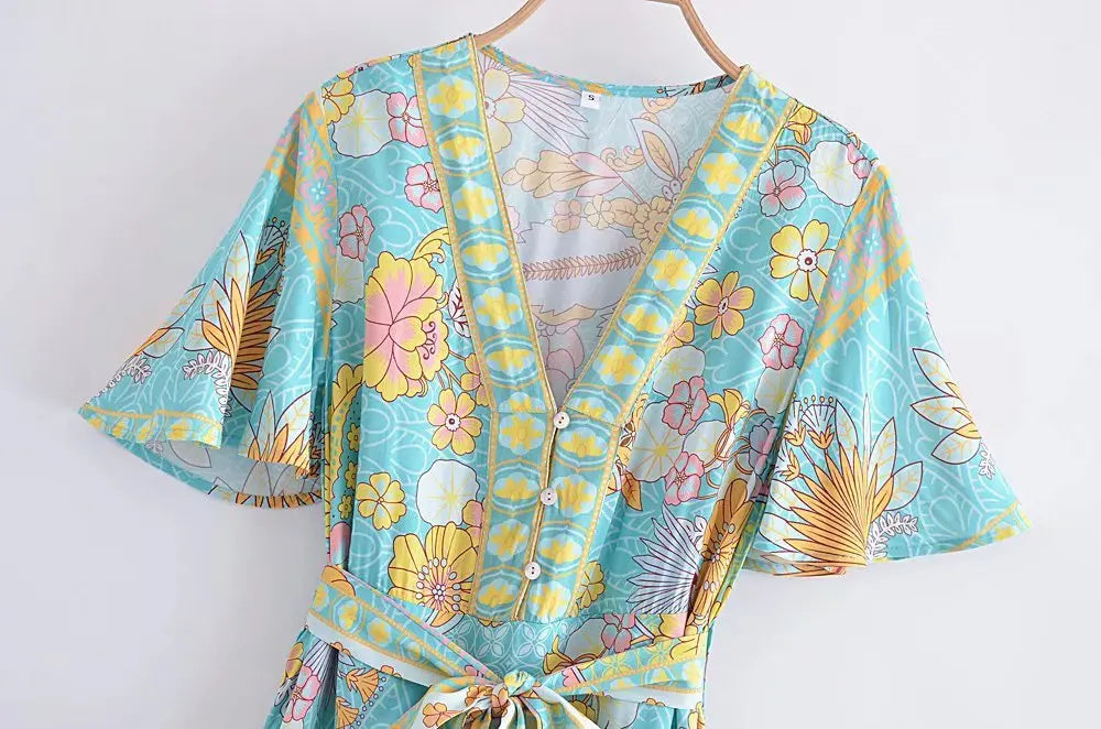 Cotton Rayon Butterfly Sleeves Maxi Dresses for Women Summer Vintage Printed Long Dress Boho Beach Wear Gypsy Robe Vestidos