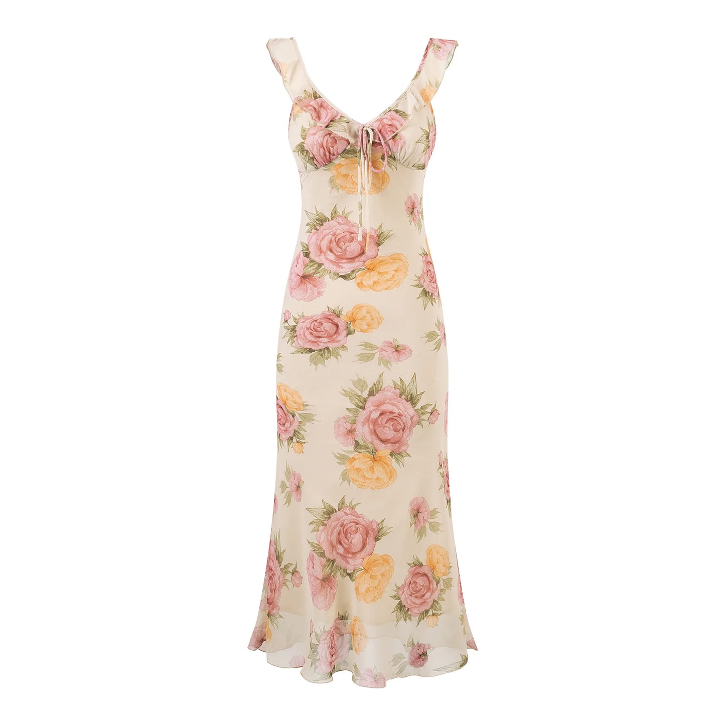 Chiffon Floral Print Long Dresses Women Elegant Slim Sweet Summer Dress Sexy Ruffles V-neck Strappy Vestidos Ladies Party Robe