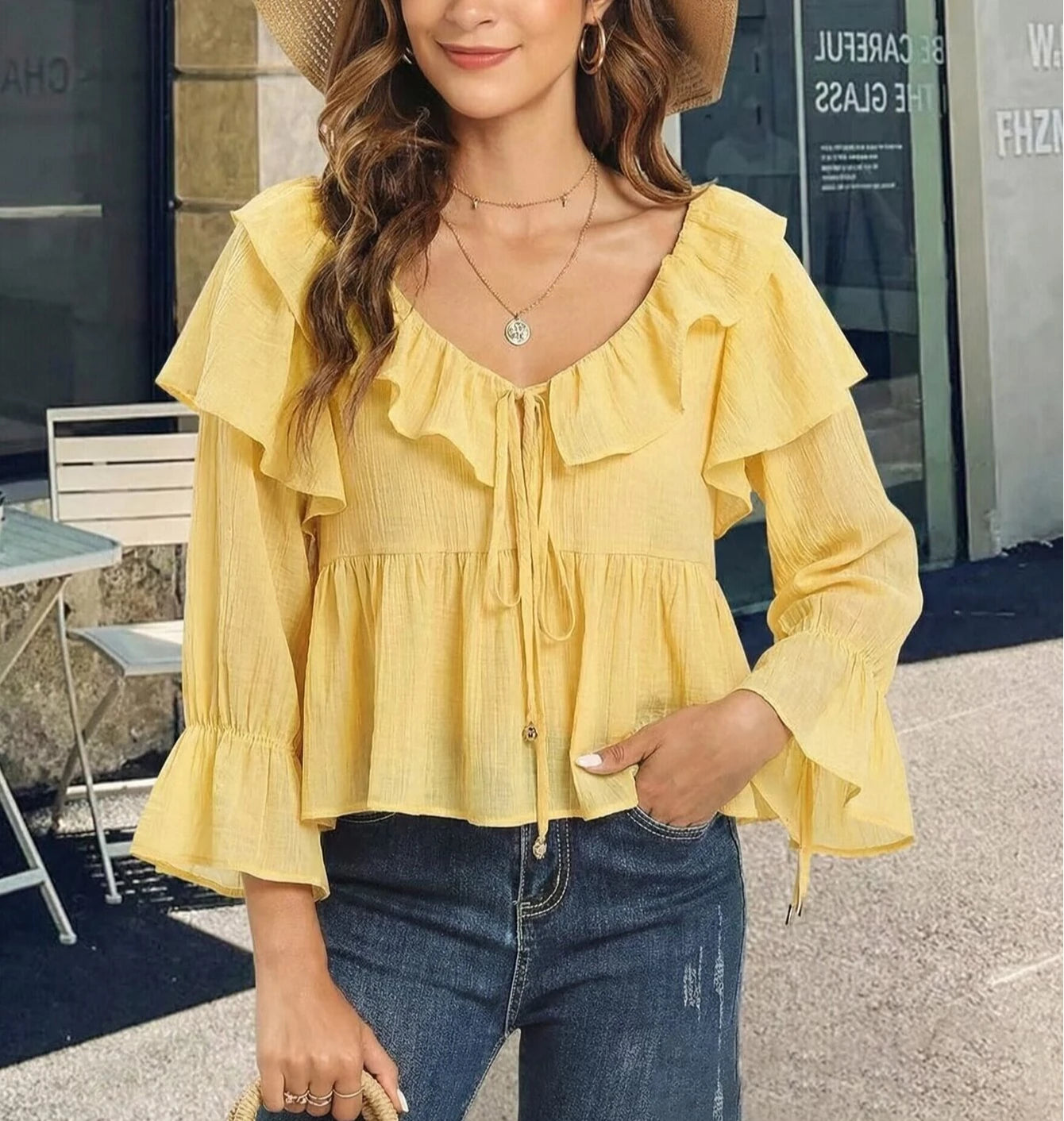 Ruffle Off Shoulder Lace-up Blouses Shirts Women Tops Yellow Casual Ruffles Flare Sleeves Spring Summer Blouse Boho Beach Shirt