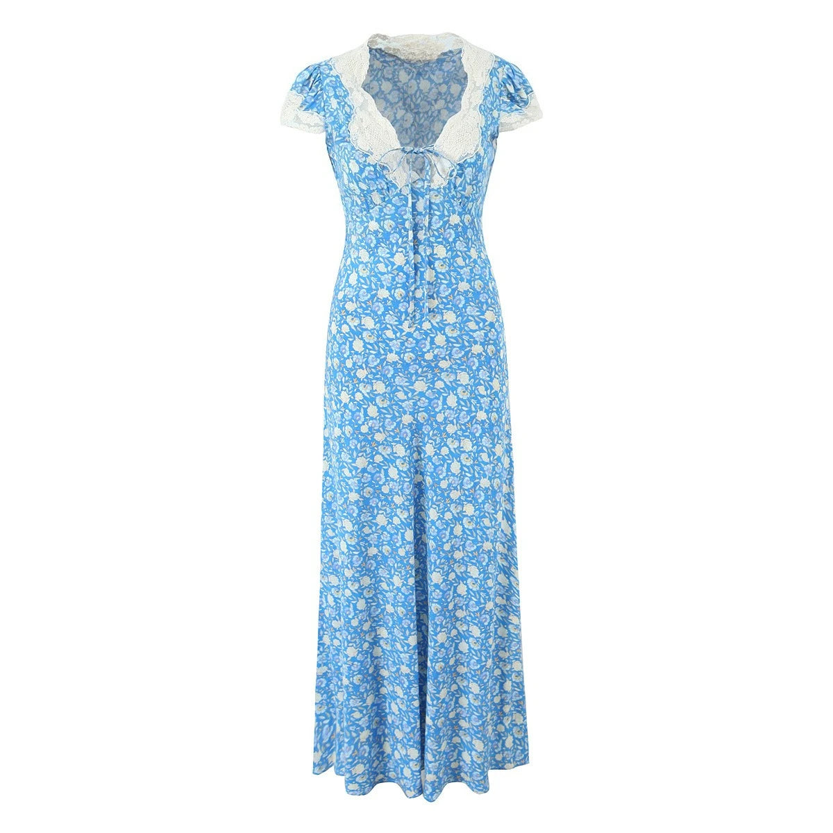 Cotton Rayon Printed Elegant Lace Long Dresses for Women Robe Vintage Sexy Slim V Neck French Style Summer Dress Ladies Vestidos