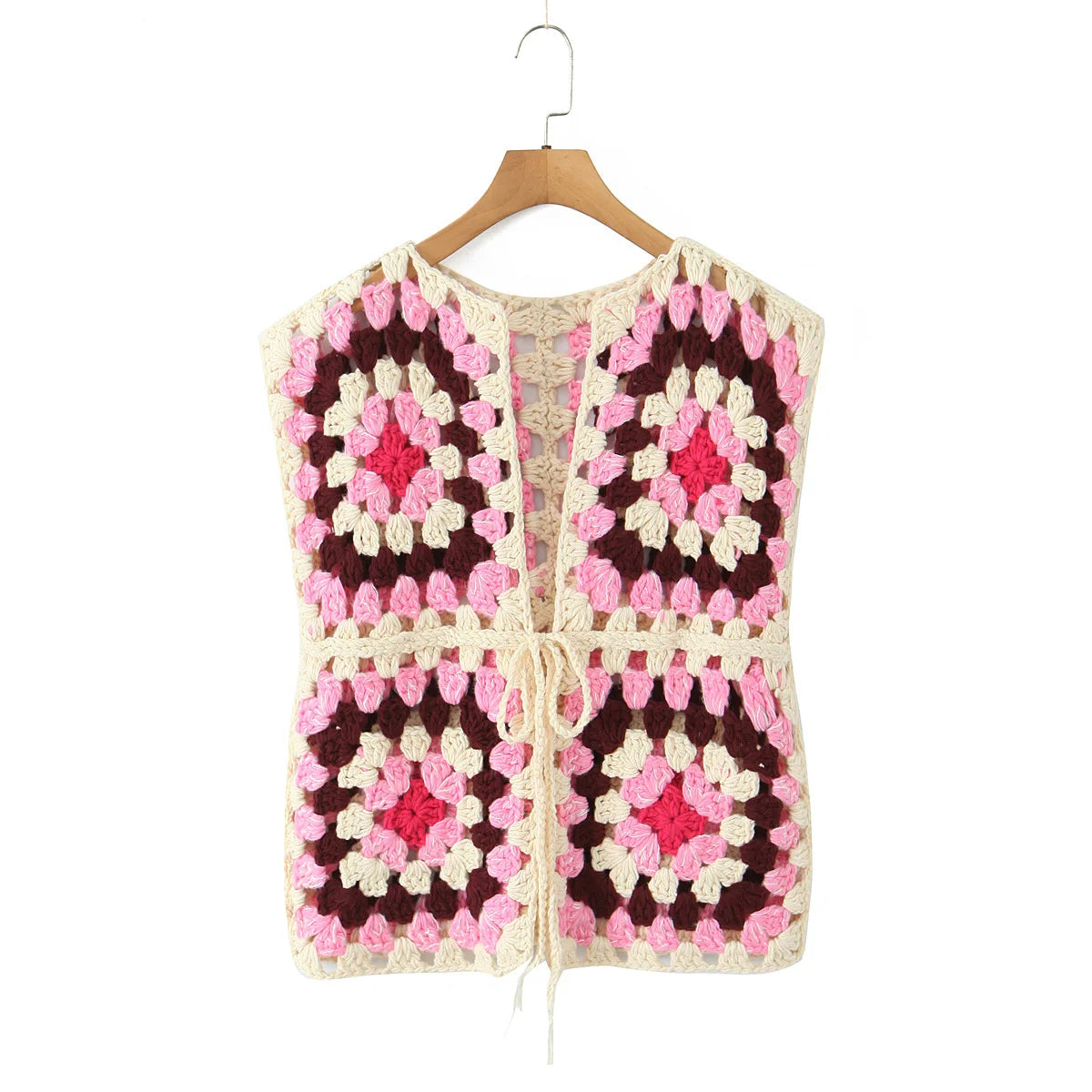 Ethnic Crochet Granny Square Vest Sweaters Women Coat Floral Hollow out knitted vest jacket Jumpers Autumn Spring Boho Sweater