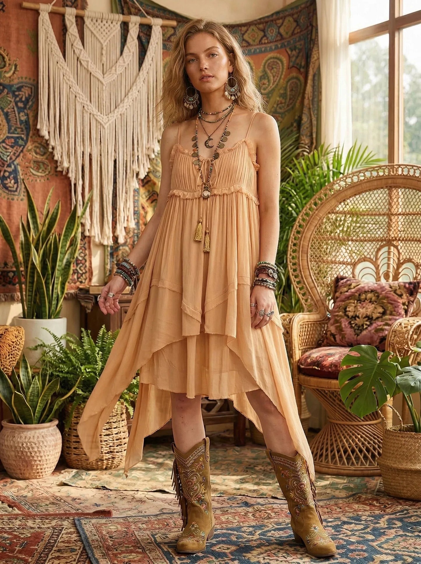 Cotton Rayon Strap Dresses for Women Summer Asymmetrical Layered Sleeveless Dress Boho Beach Dress Lace-up V Neck Robe Vestidos