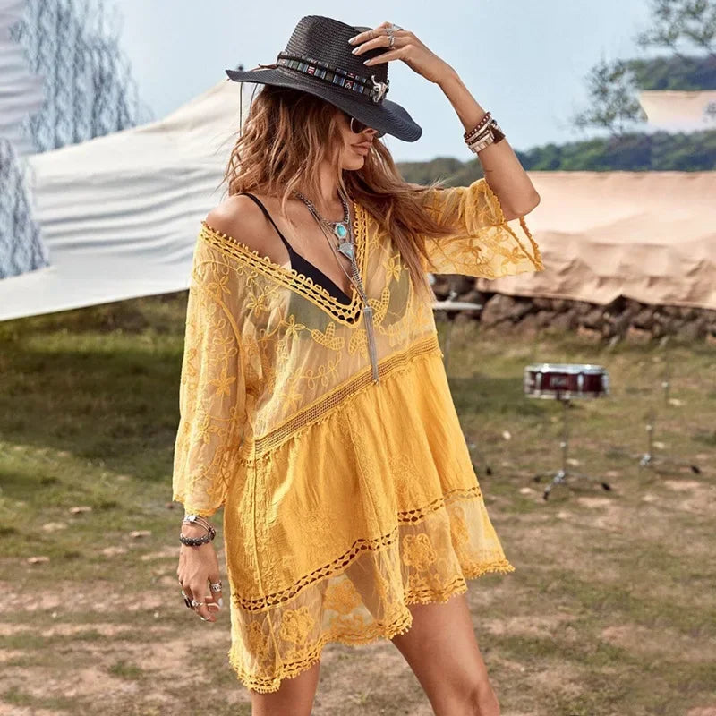 AYUALIN Floral Embroidery Loose Sexy Bikini Tunic Vintage Deep V-neck Boho Lace Cover-Ups Women Summer Mini Robe  Beach Wear