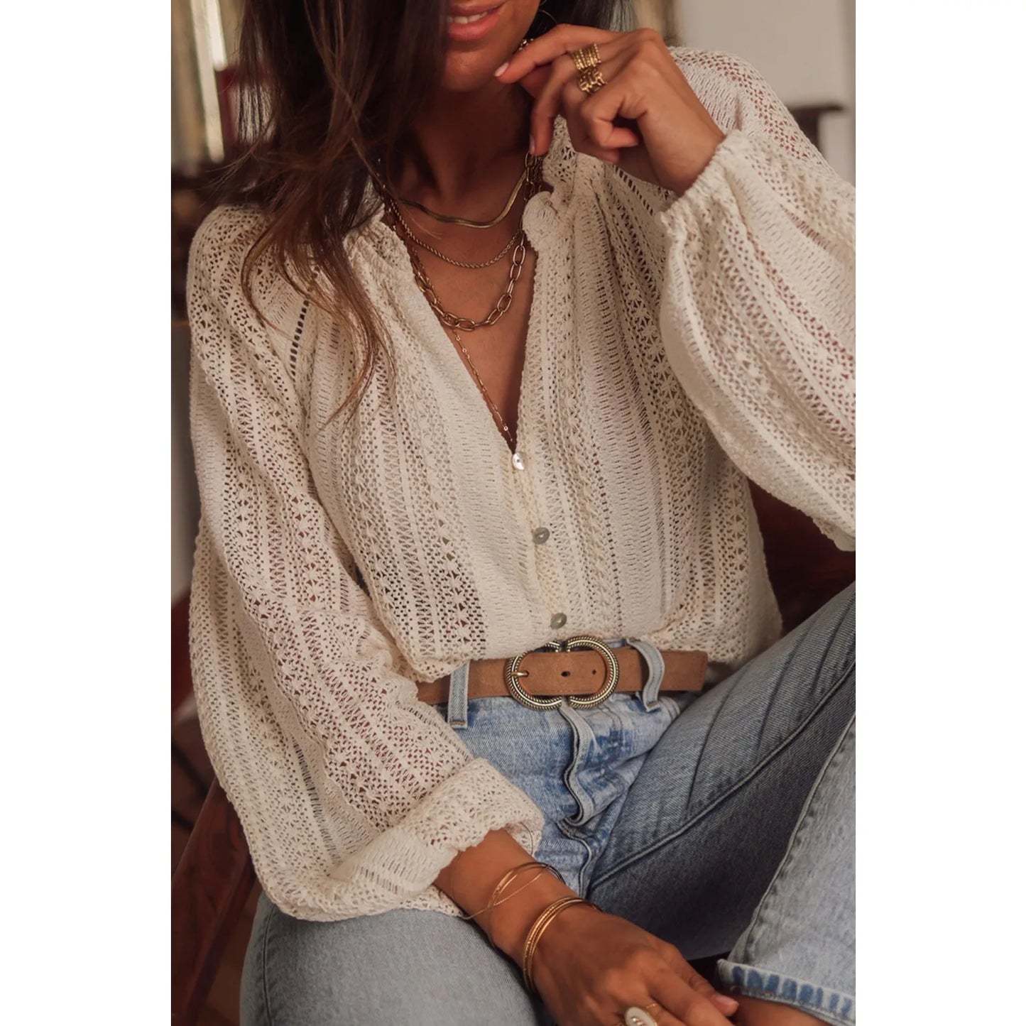 AYUALIN Vintage Long Sleeve Blouses Summer Casual Elegant Ladies Blusas Boho Beach Hollow Out Lace Blouse Shirt for Women Top