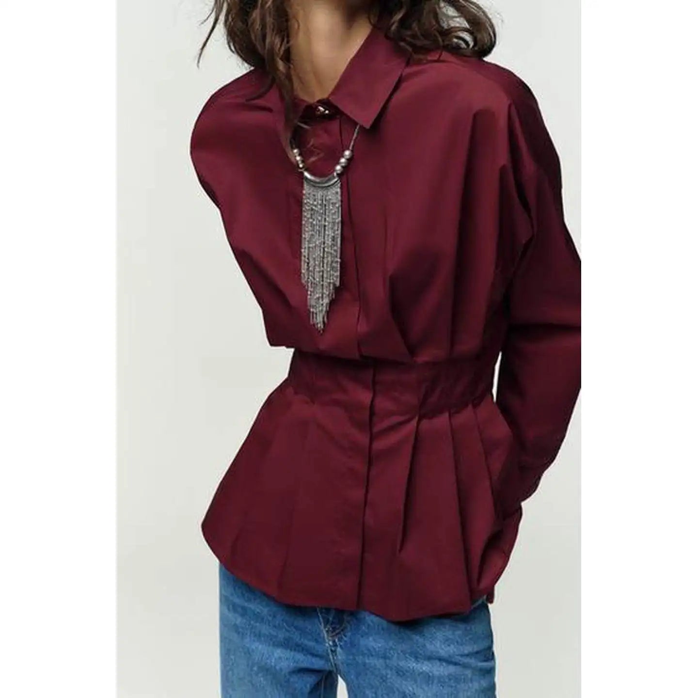 Long-sleeved Women Blouse Shirt  with A Fitted Waist and Pleated Design White 100% Cotton Casual Office Blouses Shirts Lady Tops