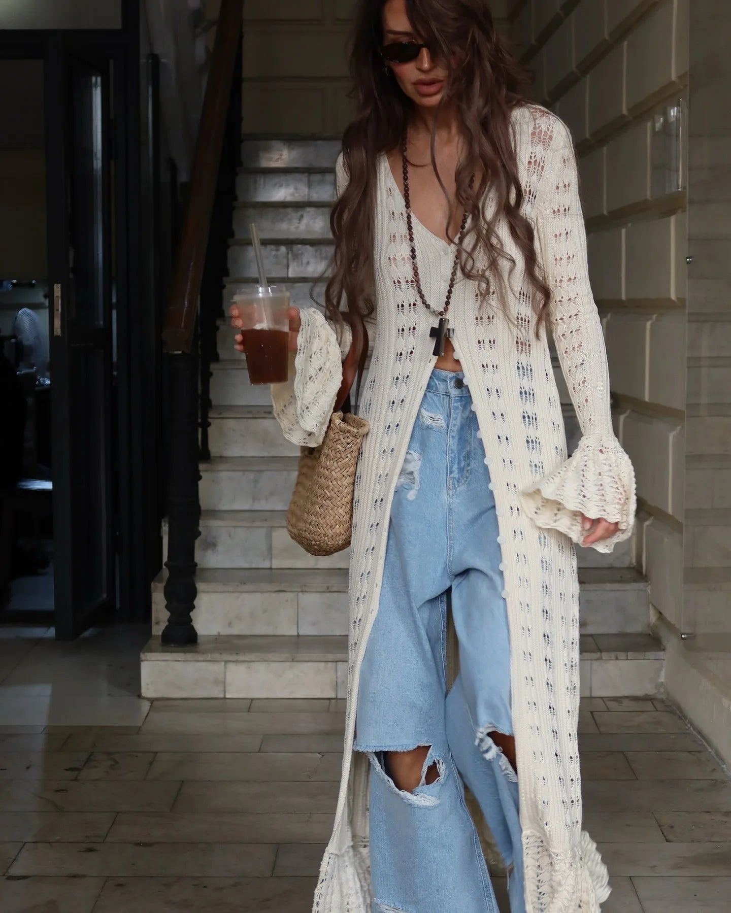 Cotton Knitted Hollow Out Dress Summer Flare Long Sleeve Cardigan Maxi Dresses Women Robe Vintage Slim Fit Boho Beach Vestidos