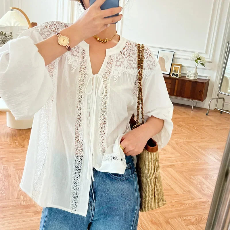 AYUALIN Vintage Top Oversize Lantern Long Sleeve Blouse Cotton White Lace Blouses Shirt Women Boho Beach Loose Ladies Blusas