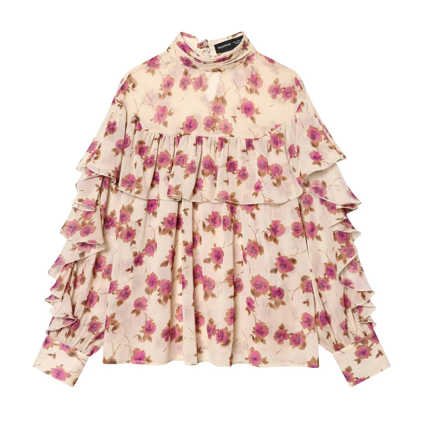 Chiffon Floral Printed Women's Blouses Shirts Vintage Long Sleeve Sweet Elegant Ruffles Blouse Shirt Spring Summer Ladies Tops