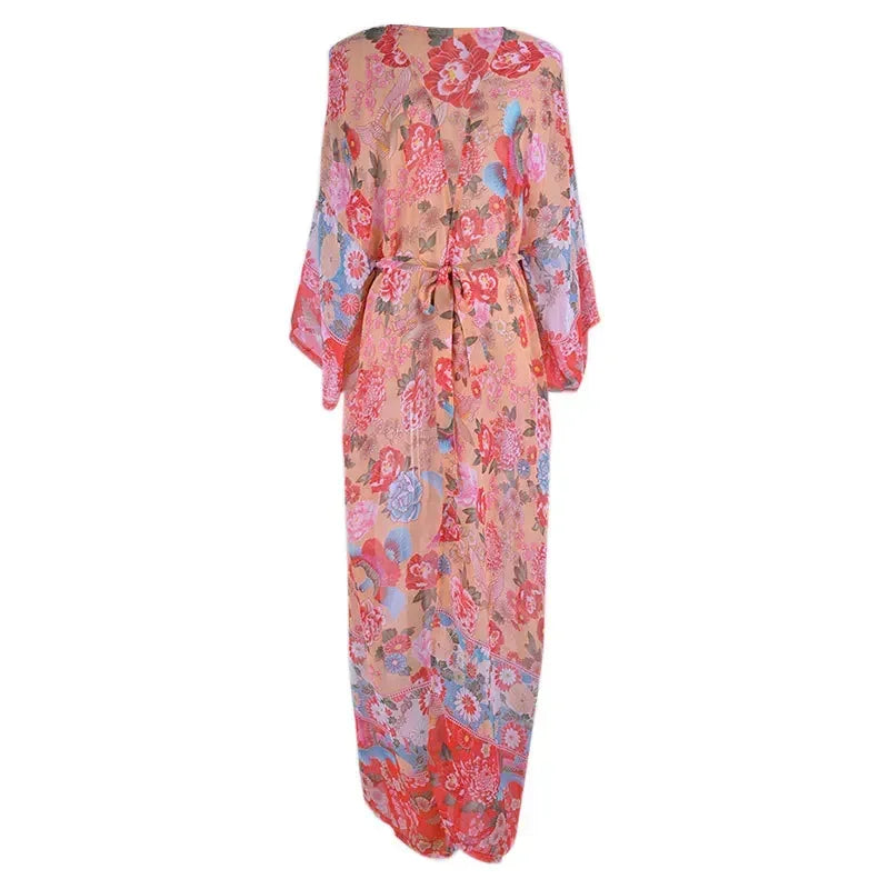 AYUALIN Red Chiffon Floral Print Long Women Dress Boho Beach Cover Up Robe Cover Ups Mujer Bikini Beachwear Tunic Kaftan Dresses